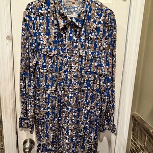 Ellen Tracy Blue and Brown Polka Dot Shirt Dress - Size XL